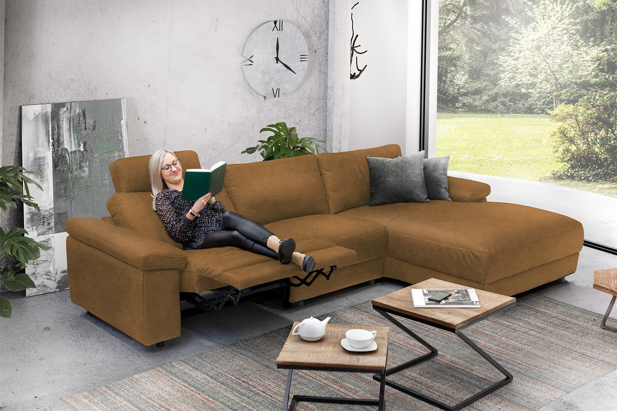 KAWOLA Sofa LOLA Ecksofa Leder cognac mit motorischer Relaxfunktion