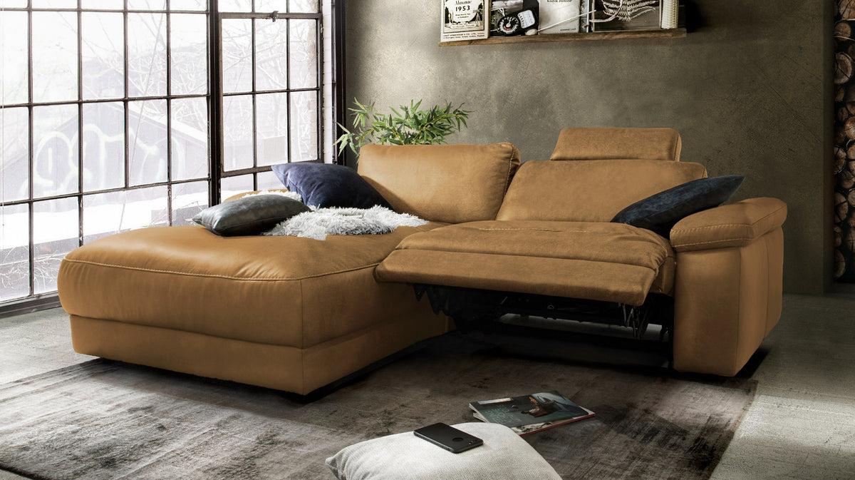 KAWOLA Sofa LOLA Ecksofa Leder cognac mit motorischer Relaxfunktion