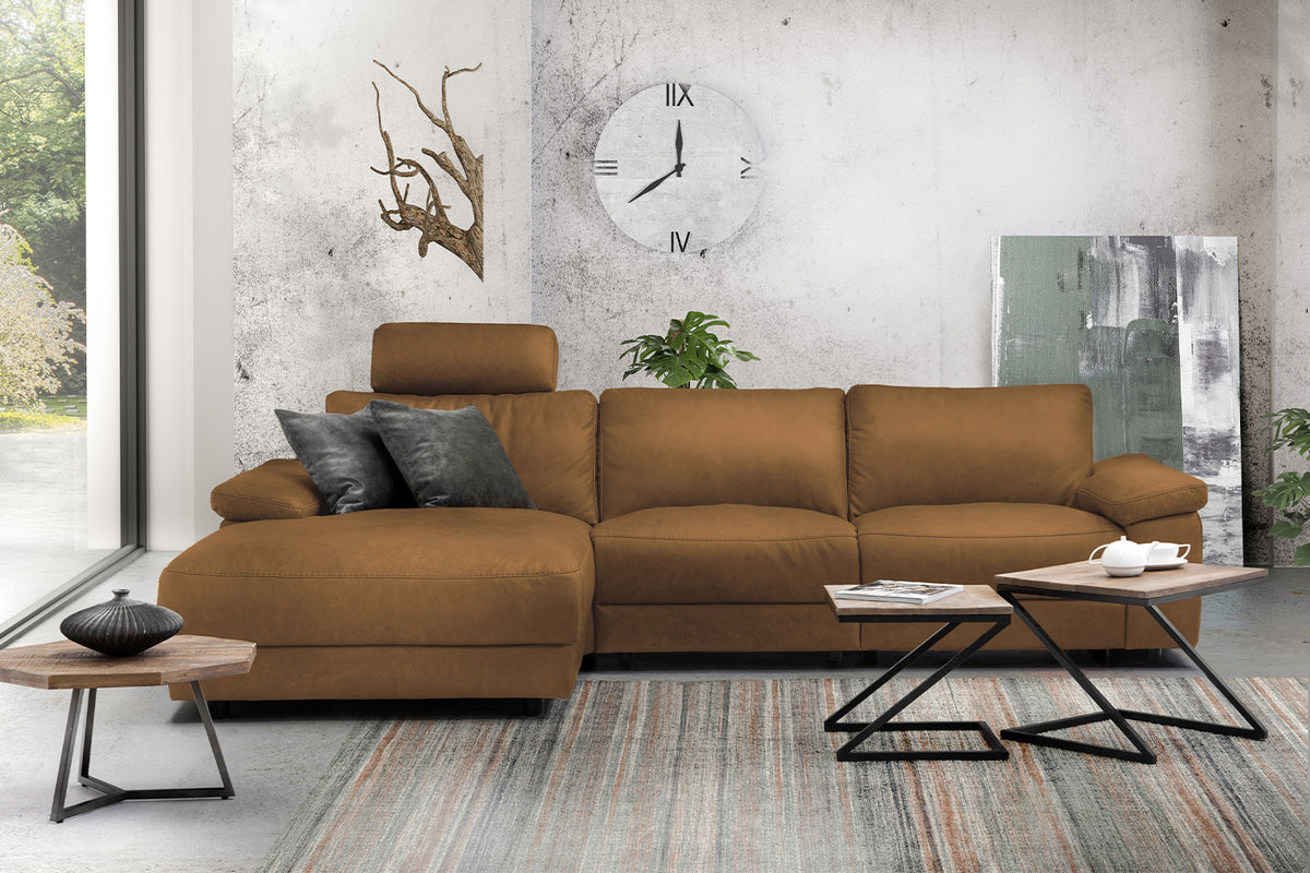 KAWOLA Sofa LOLA Ecksofa Leder cognac mit motorischer Relaxfunktion, 304 x 178, Links