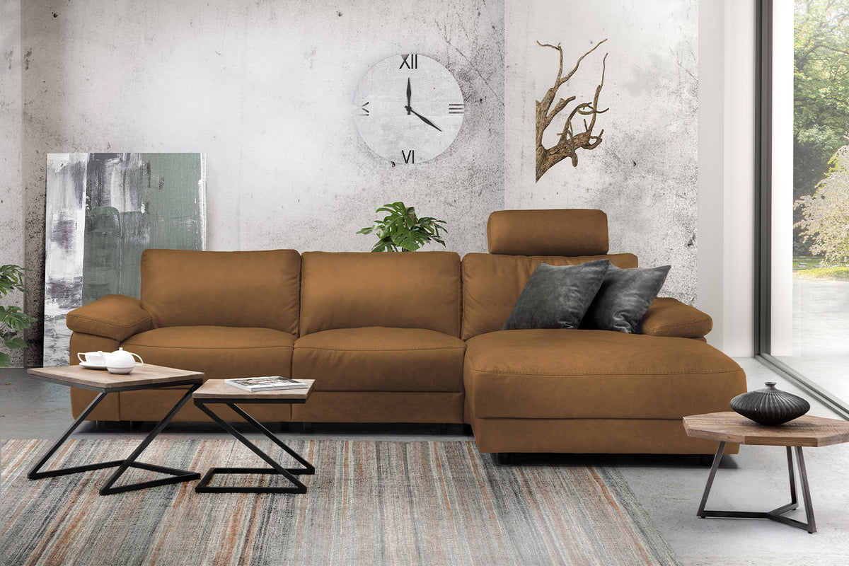 KAWOLA Sofa LOLA Ecksofa Leder cognac mit motorischer Relaxfunktion, 304 x 178, Rechts