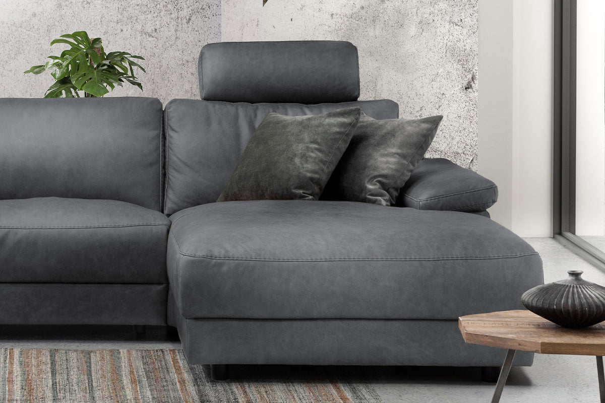 KAWOLA Sofa LOLA Ecksofa Leder grau mit motorischer Relaxfunktion