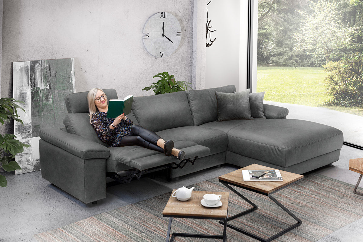 KAWOLA Sofa LOLA Ecksofa Leder grau mit motorischer Relaxfunktion
