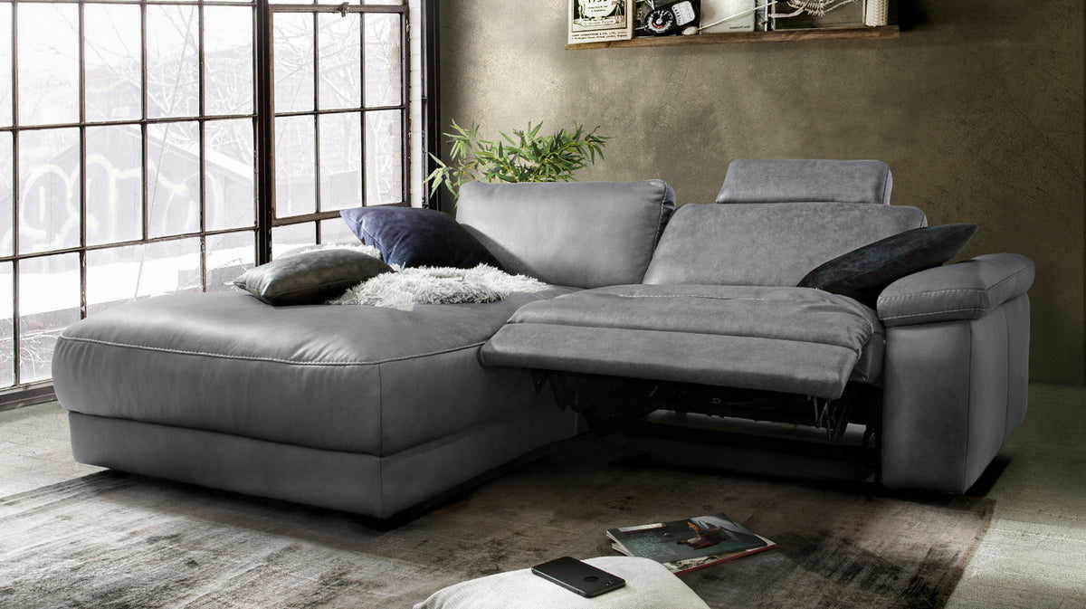 KAWOLA Sofa LOLA Ecksofa Leder grau mit motorischer Relaxfunktion