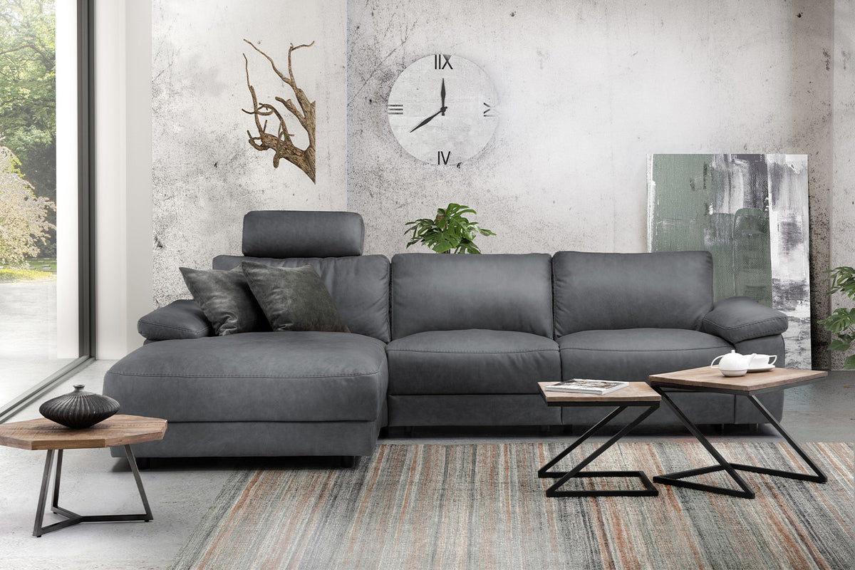 KAWOLA Sofa LOLA Ecksofa Leder grau mit motorischer Relaxfunktion, 304 x 178, Links