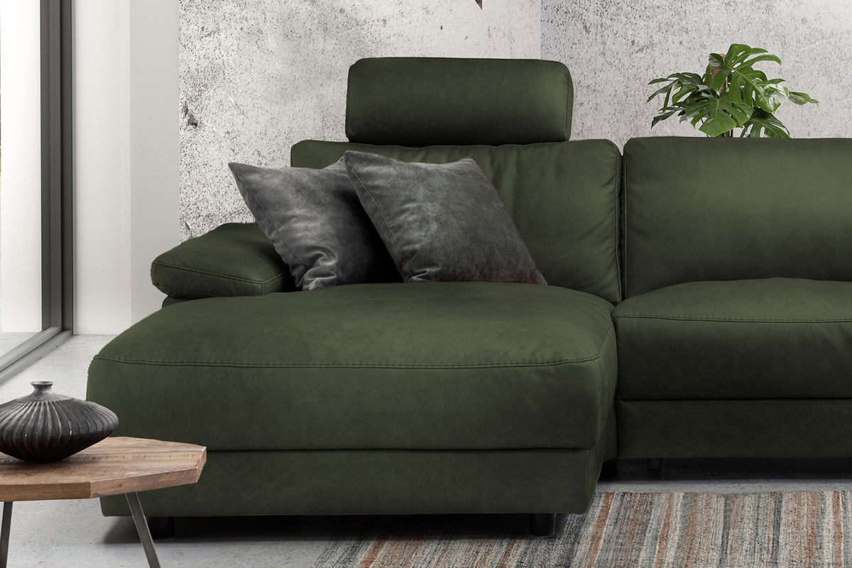 KAWOLA Sofa LOLA Ecksofa Leder moosgrün mit motorischer Relaxfunktion