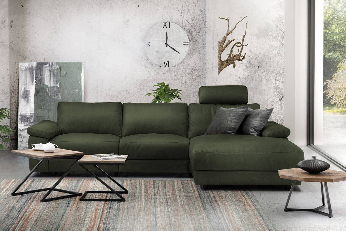 KAWOLA Sofa LOLA Ecksofa Leder moosgrün mit motorischer Relaxfunktion, 304 x 178, Rechts