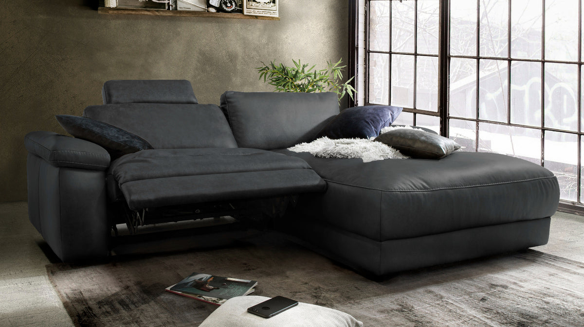 KAWOLA Sofa LOLA Ecksofa Leder schwarz mit motorischer Relaxfunktion