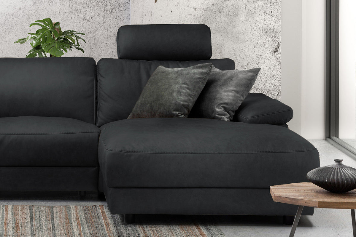 KAWOLA Sofa LOLA Ecksofa Leder schwarz mit motorischer Relaxfunktion