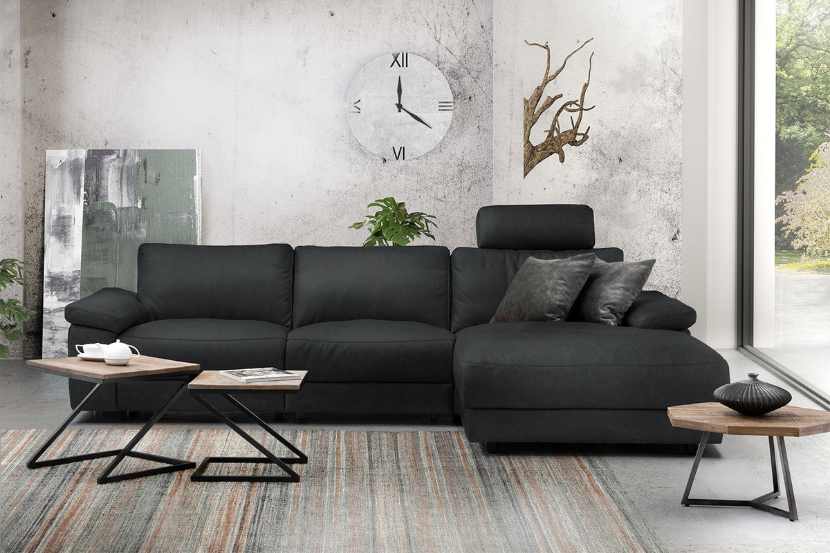 KAWOLA Sofa LOLA Ecksofa Leder schwarz mit motorischer Relaxfunktion, 304 x 178, Rechts