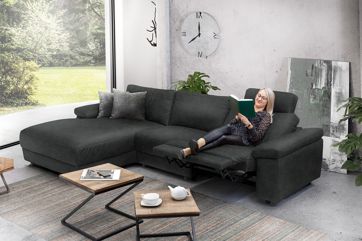 KAWOLA Sofa LOLA Ecksofa Leder schwarz mit motorischer Relaxfunktion