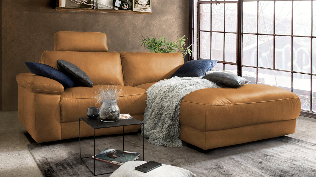 KAWOLA Sofa LOLA Ecksofa Stoff cognac mit motorischer Relaxfunktion, 233 x 178, Rechts