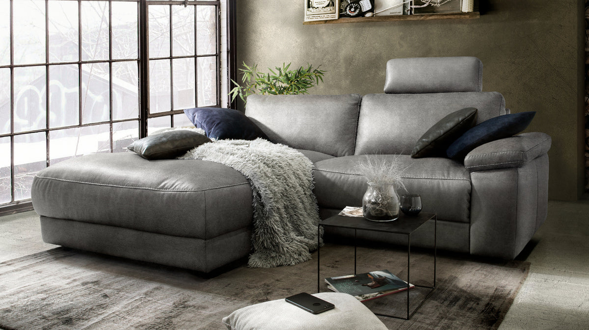 KAWOLA Sofa LOLA Ecksofa Stoff grau mit motorischer Relaxfunktion, 233 x 178, Links