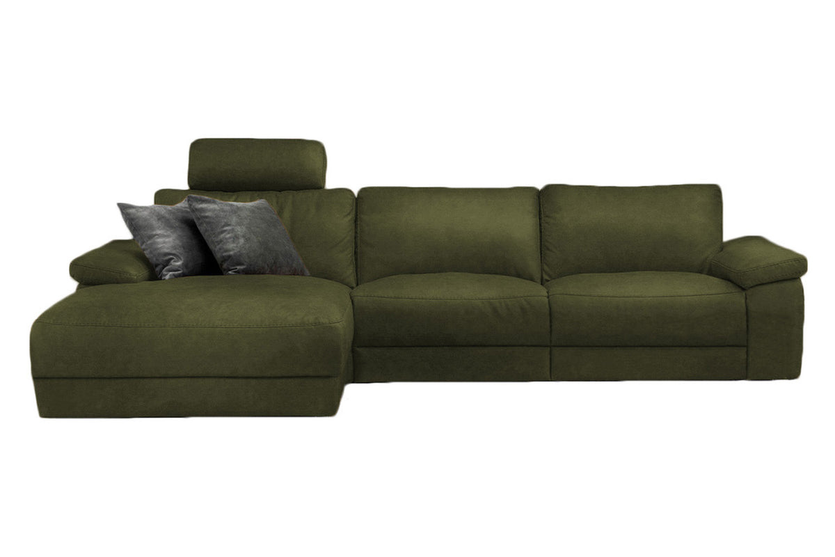 KAWOLA Sofa LOLA Ecksofa Stoff moosgrün mit motorischer Relaxfunktion