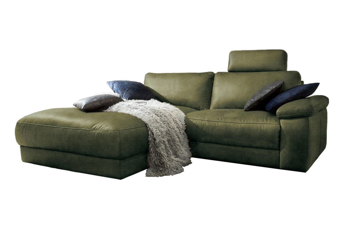 KAWOLA Sofa LOLA Ecksofa Stoff moosgrün mit motorischer Relaxfunktion