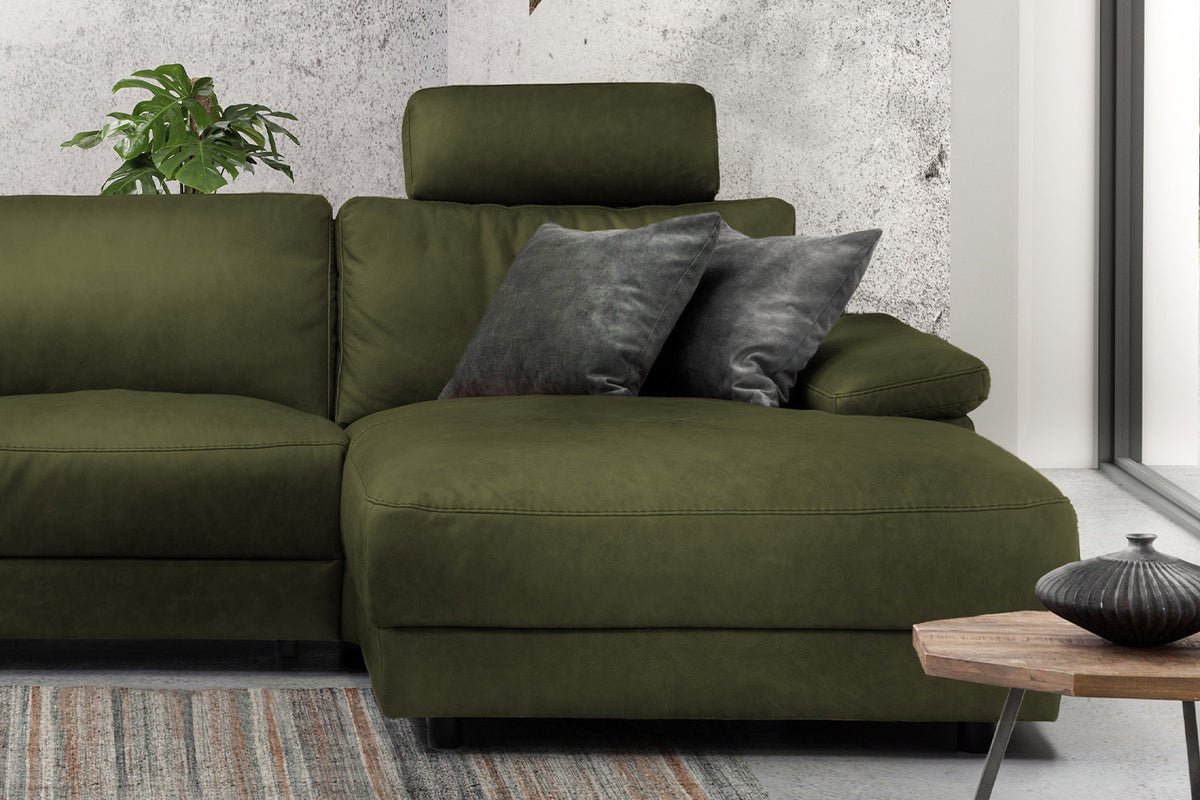 KAWOLA Sofa LOLA Ecksofa Stoff moosgrün mit motorischer Relaxfunktion