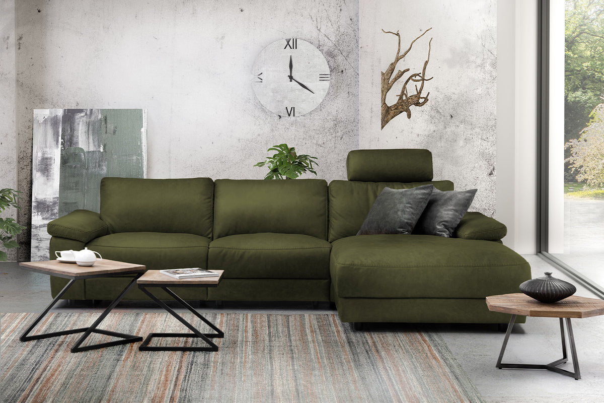 KAWOLA Sofa LOLA Ecksofa Stoff moosgrün mit motorischer Relaxfunktion, 304 x 178, Rechts