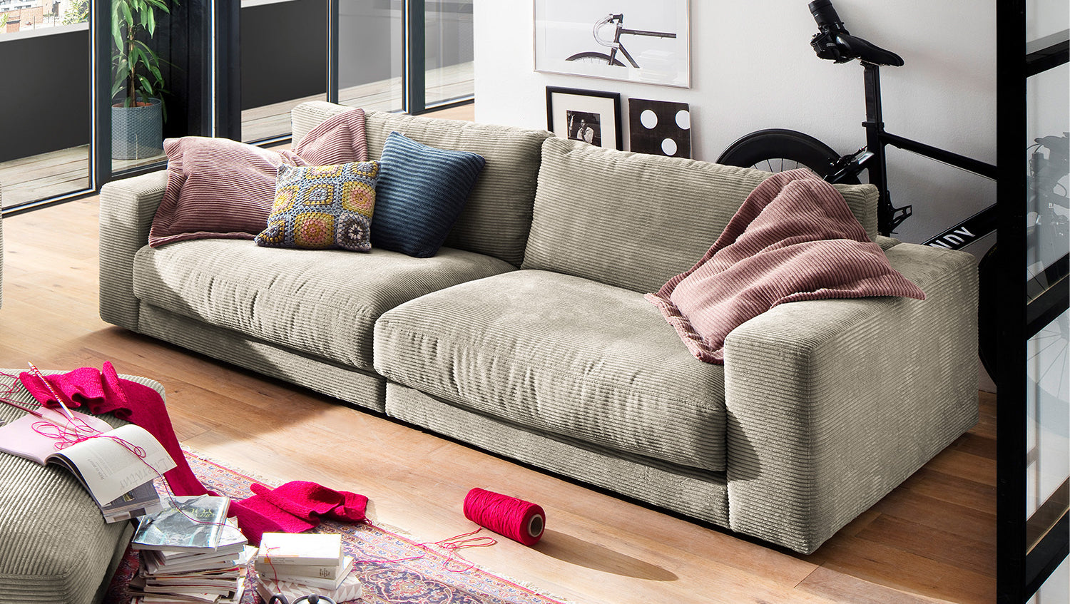 KAWOLA Sofa MADELINE 3-Sitzer Cord steingrau