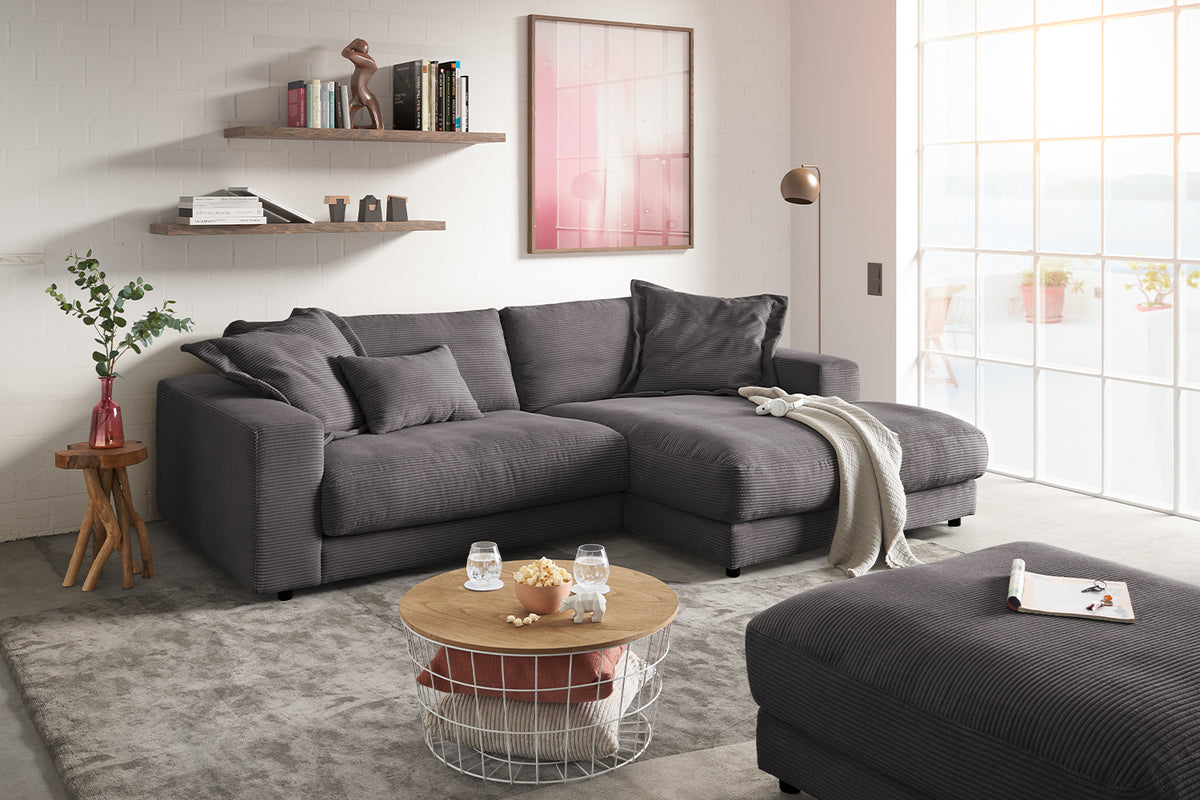 KAWOLA Sofa MADELINE Ecksofa mit Longchair Cord grau, Rechts