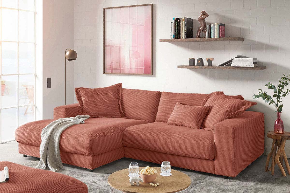 KAWOLA Sofa MADELINE Ecksofa mit Longchair Cord rost, Links