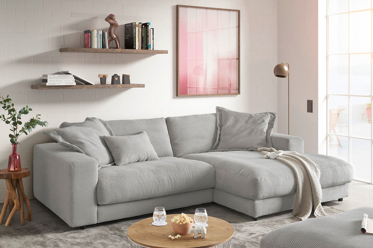 KAWOLA Sofa MADELINE Ecksofa mit Longchair Cord steingrau, Rechts