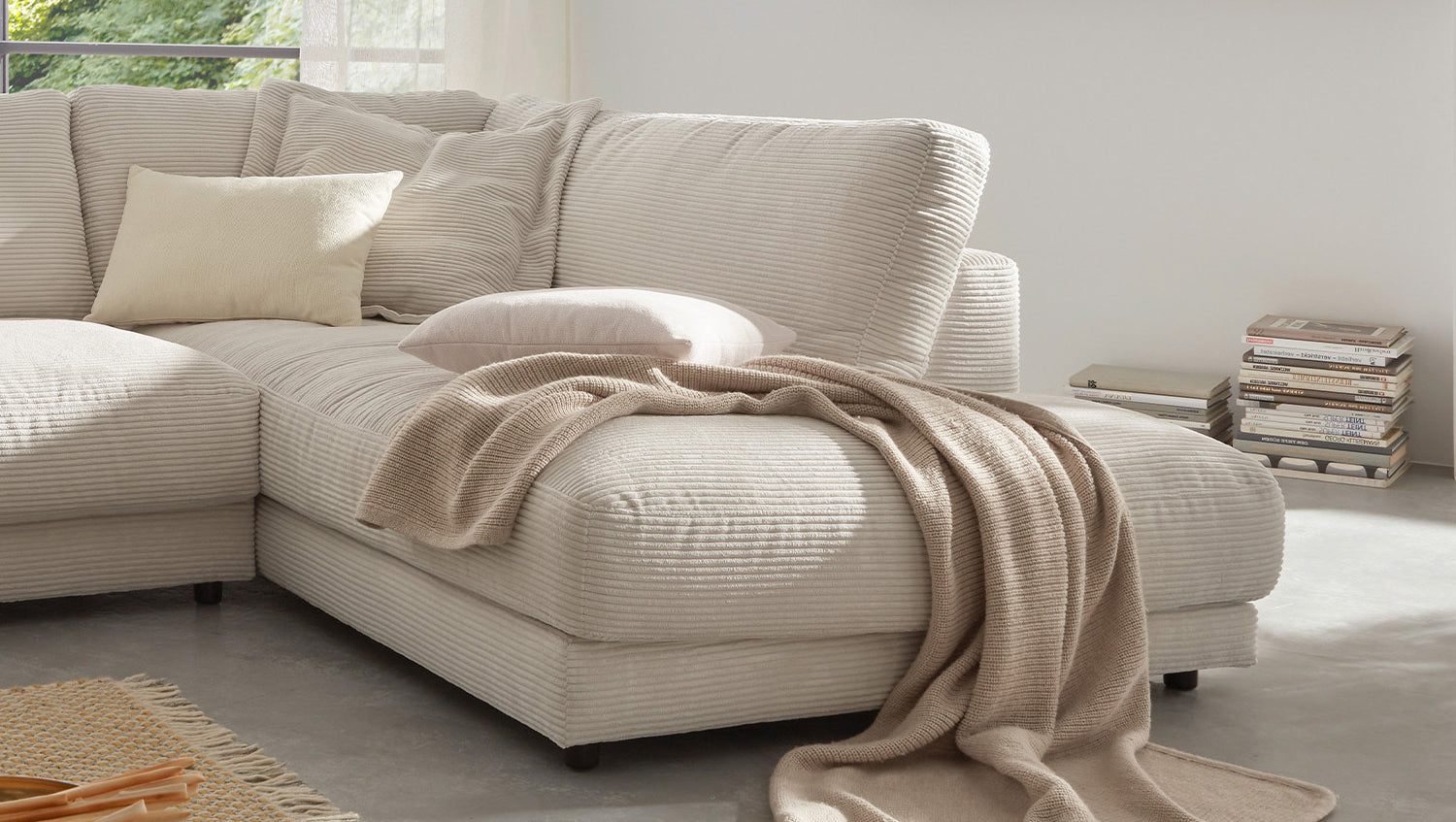 KAWOLA Sofa MADELINE Ecksofa mit Recamiere Cord cremeweiß