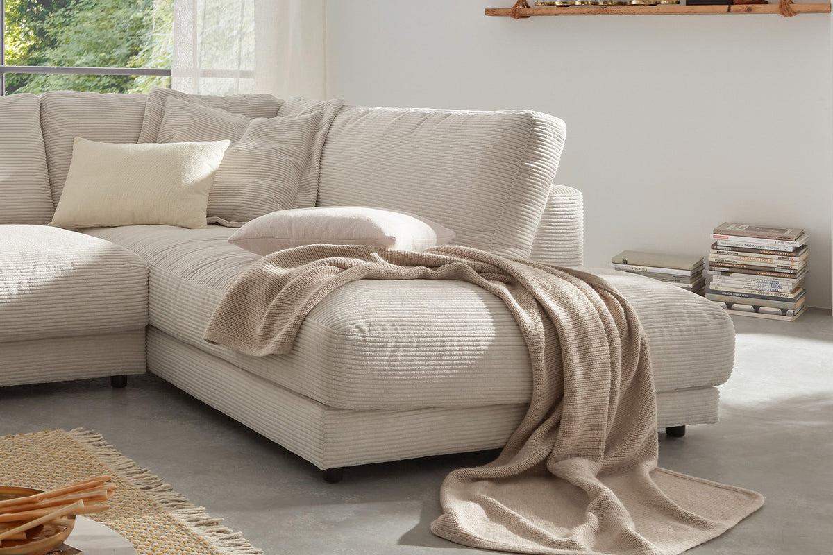 KAWOLA Sofa MADELINE Ecksofa mit Recamiere Cord cremeweiß