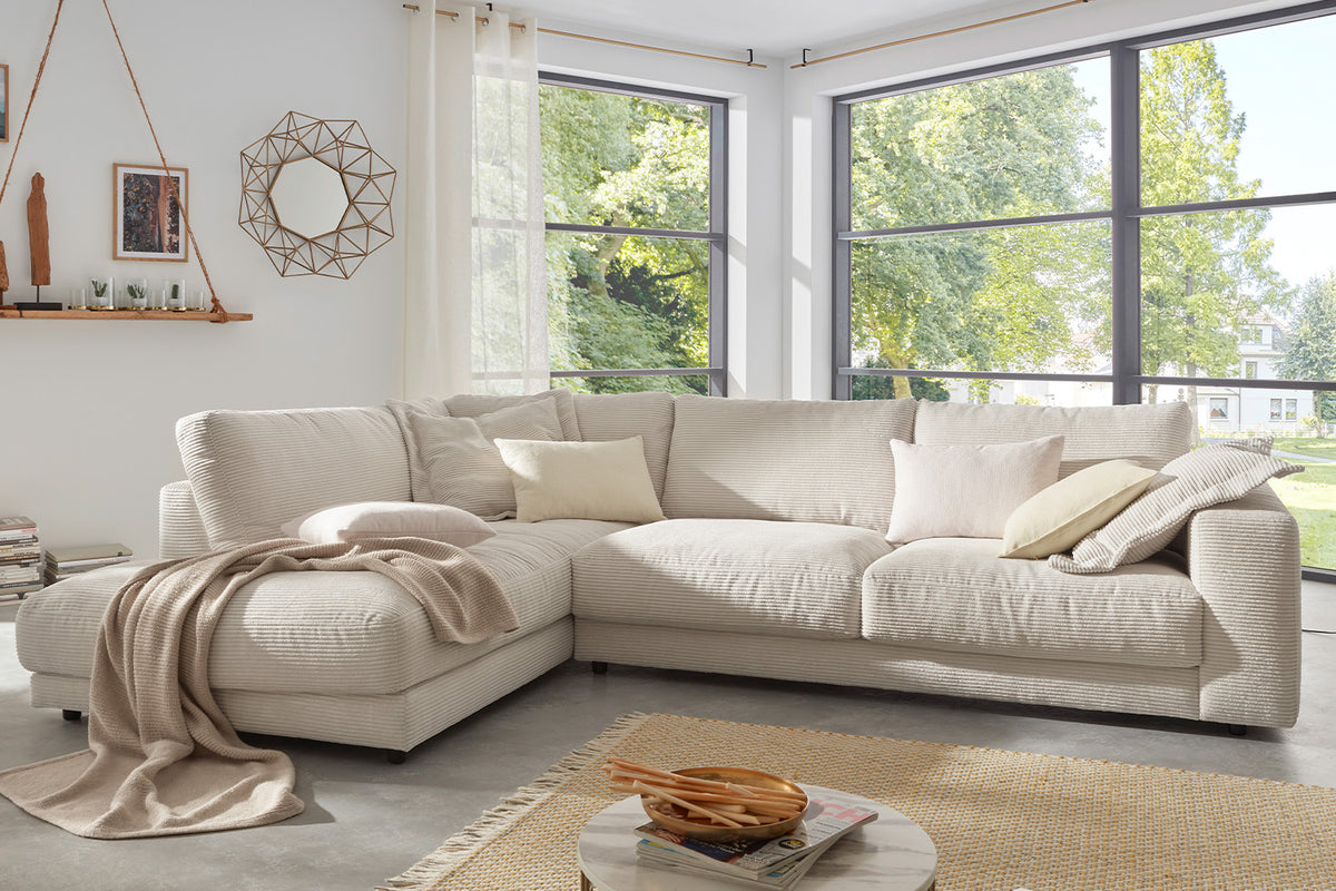 KAWOLA Sofa MADELINE Ecksofa mit Recamiere Cord cremeweiß