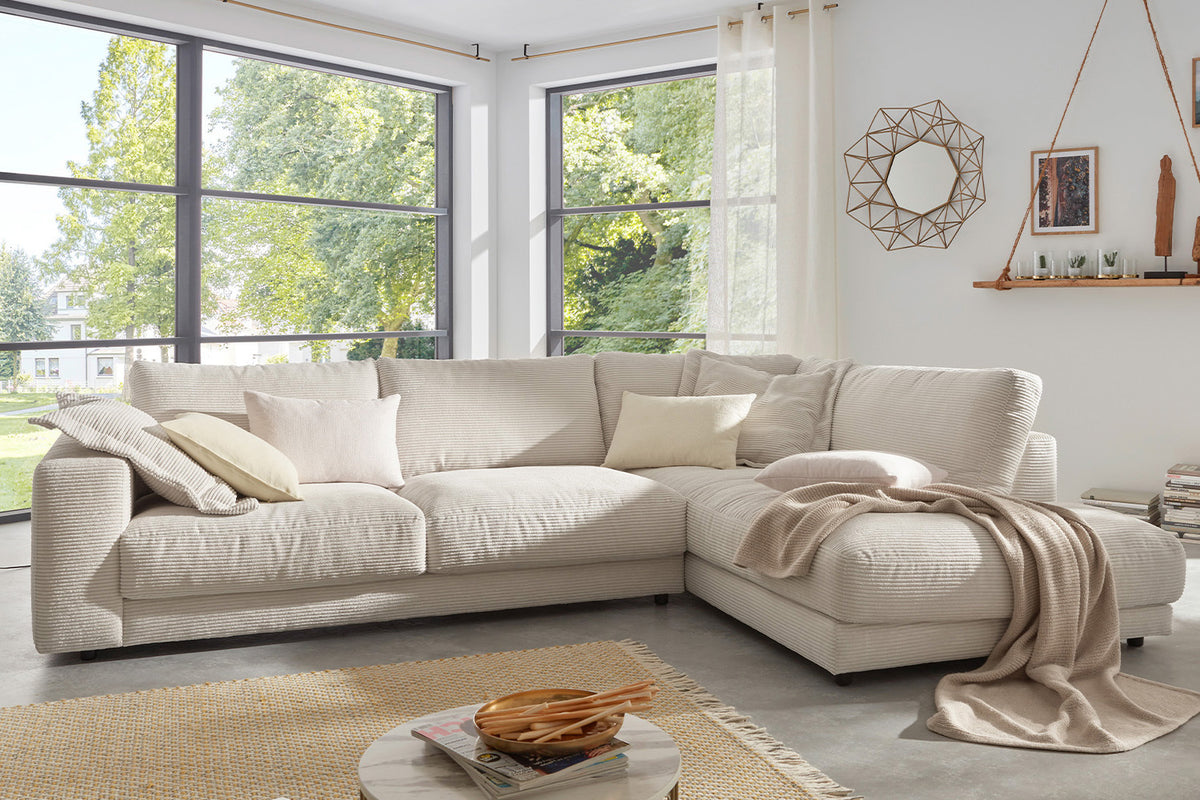 KAWOLA Sofa MADELINE Ecksofa mit Recamiere Cord cremeweiß