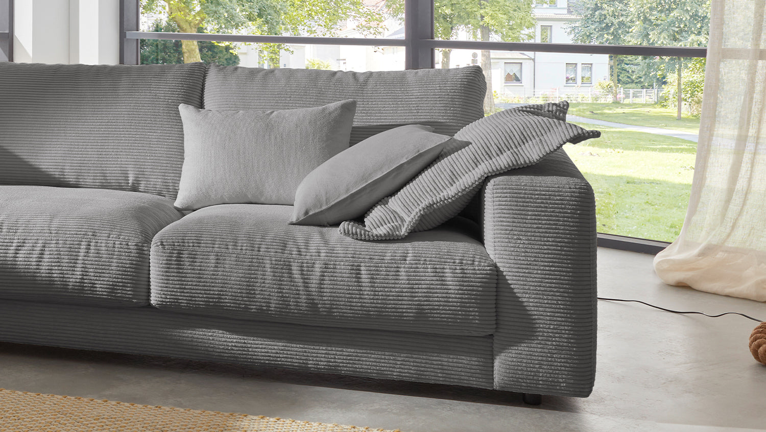 KAWOLA Sofa MADELINE Ecksofa mit Recamiere Cord grau