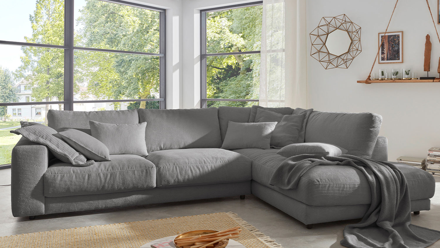 KAWOLA Sofa MADELINE Ecksofa mit Recamiere Cord grau