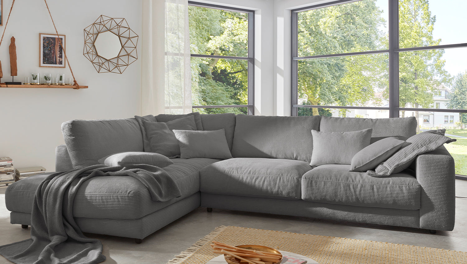 KAWOLA Sofa MADELINE Ecksofa mit Recamiere Cord grau