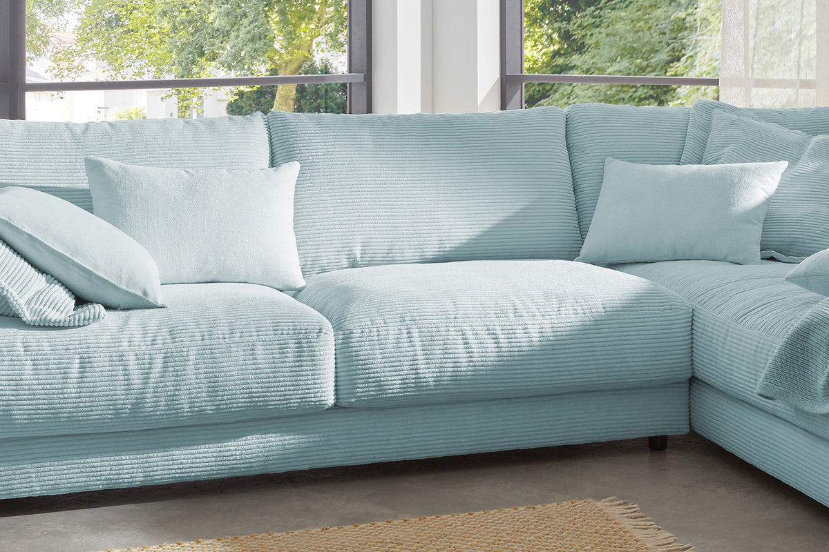 KAWOLA Sofa MADELINE Ecksofa mit Recamiere Cord hellblau
