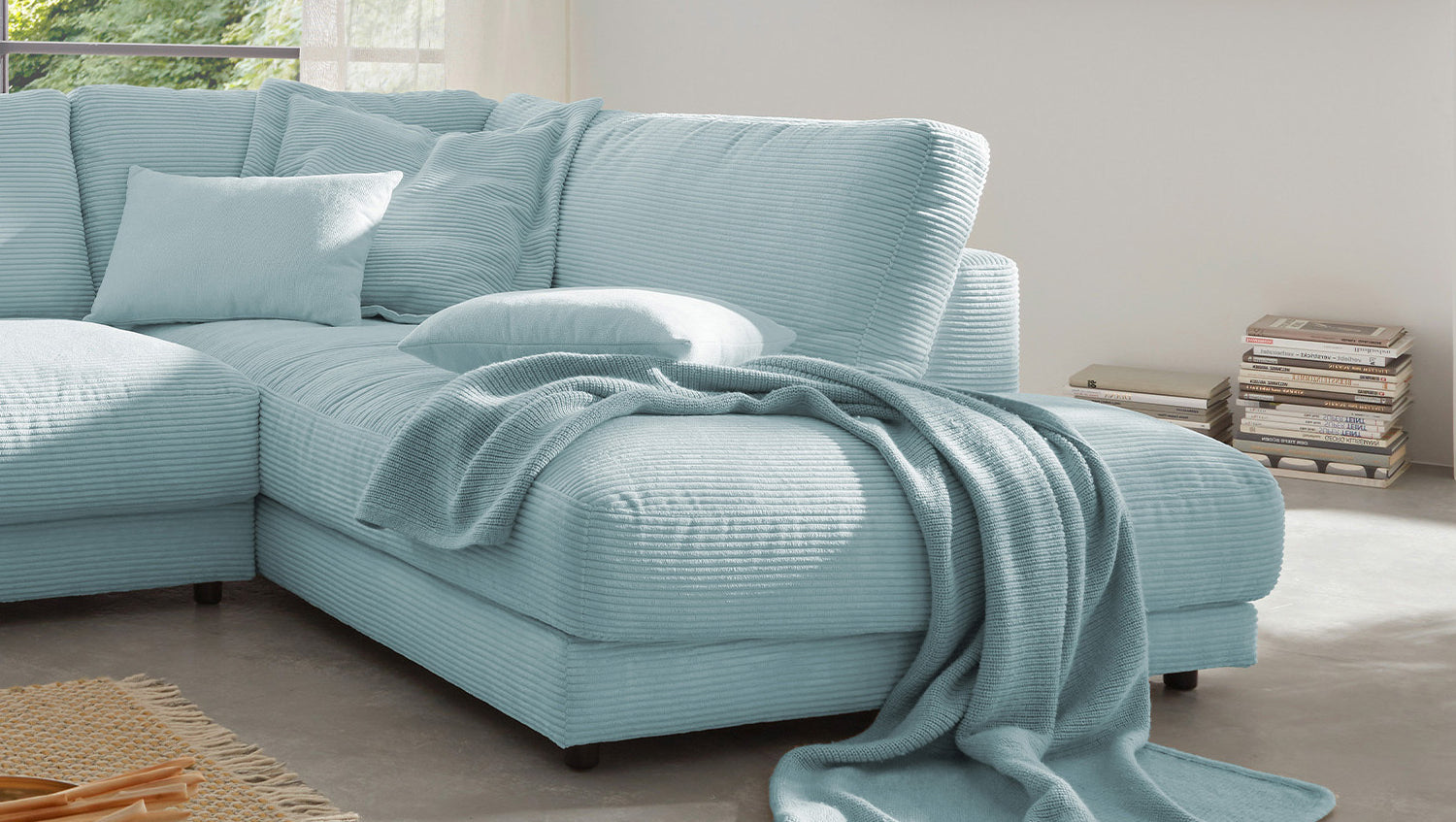 KAWOLA Sofa MADELINE Ecksofa mit Recamiere Cord hellblau