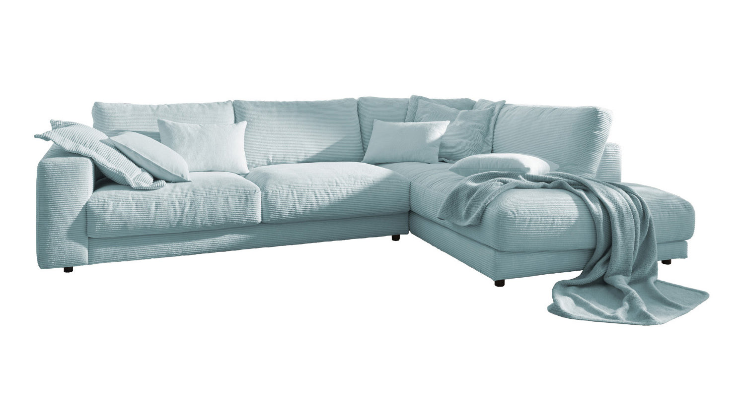 KAWOLA Sofa MADELINE Ecksofa mit Recamiere Cord hellblau