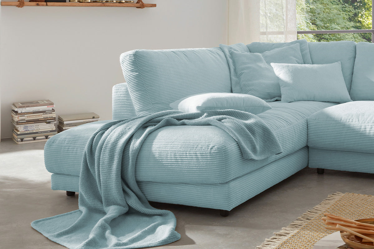 KAWOLA Sofa MADELINE Ecksofa mit Recamiere Cord hellblau