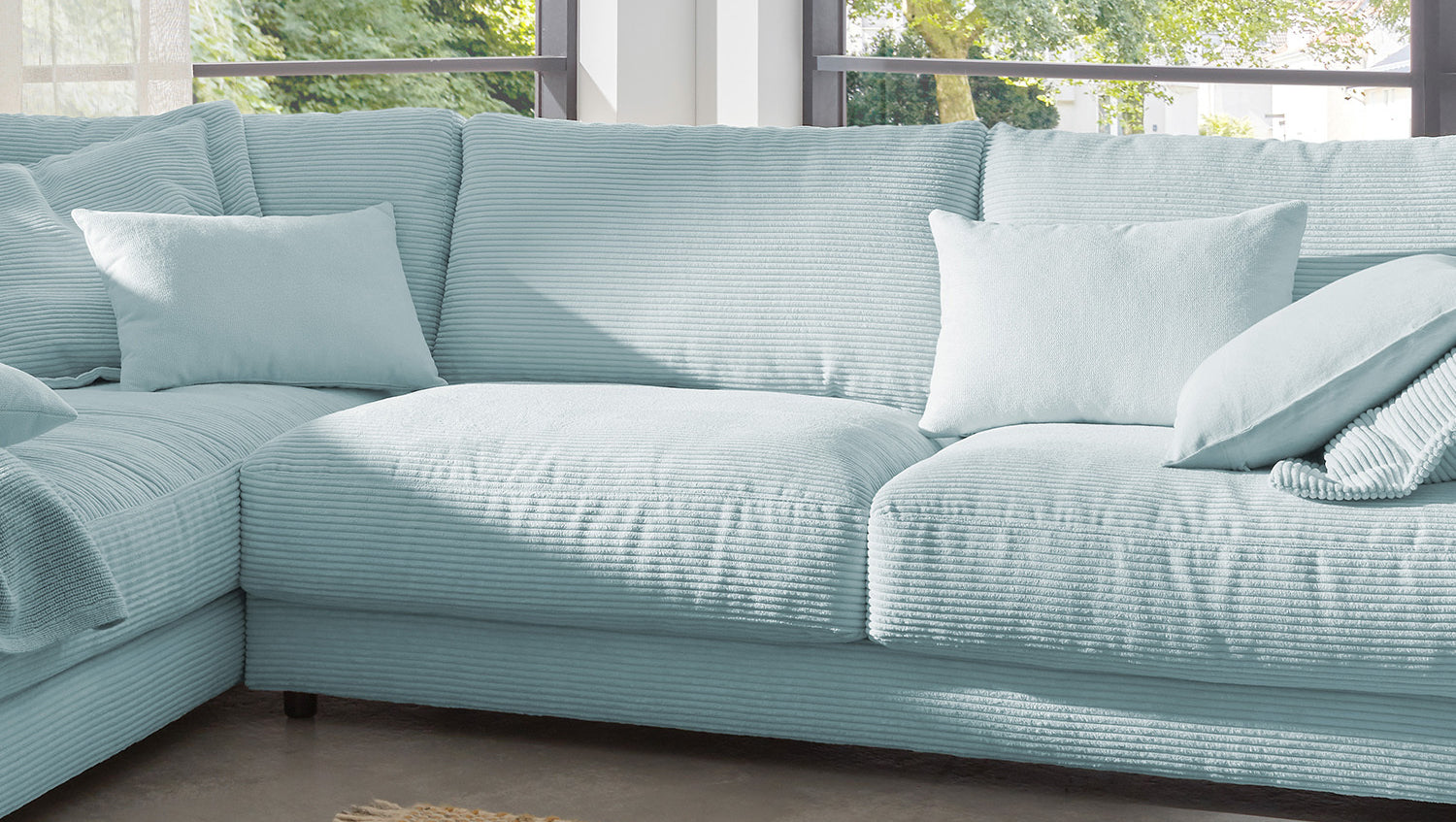 KAWOLA Sofa MADELINE Ecksofa mit Recamiere Cord hellblau