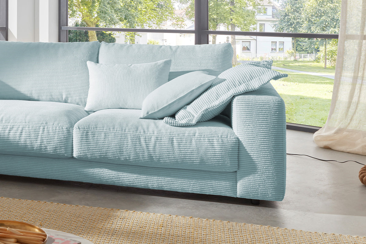 KAWOLA Sofa MADELINE Ecksofa mit Recamiere Cord hellblau