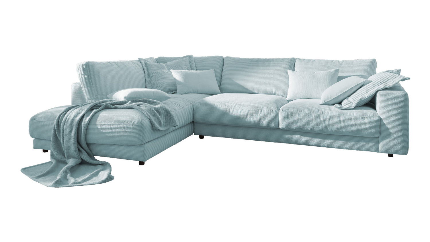 KAWOLA Sofa MADELINE Ecksofa mit Recamiere Cord hellblau