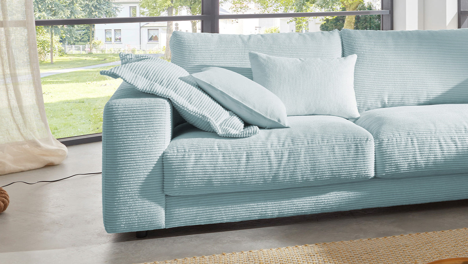 KAWOLA Sofa MADELINE Ecksofa mit Recamiere Cord hellblau