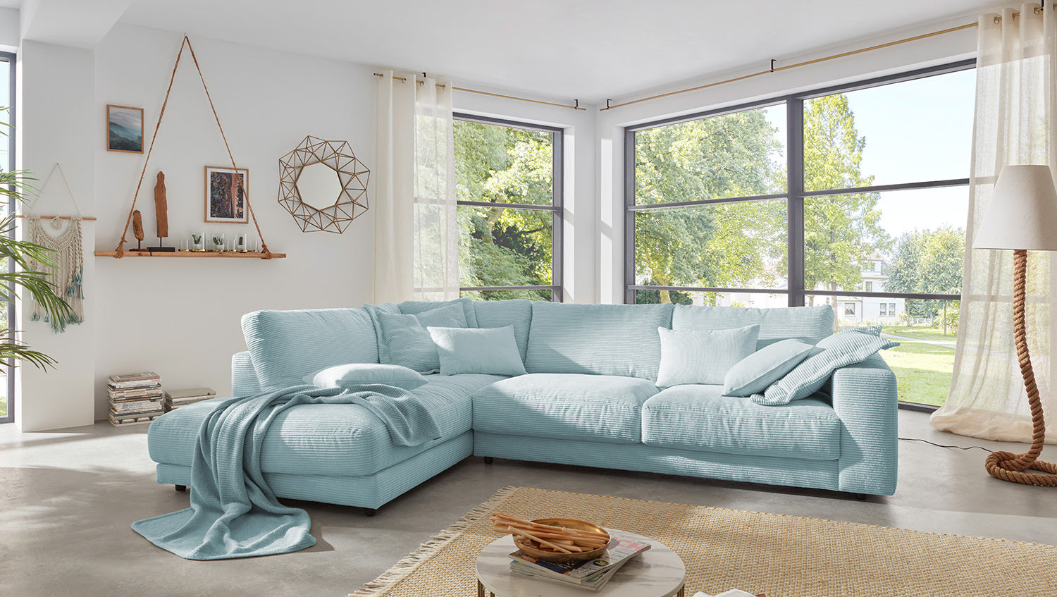 KAWOLA Sofa MADELINE Ecksofa mit Recamiere Cord hellblau, Links