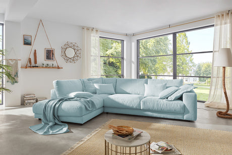 KAWOLA Sofa MADELINE Ecksofa mit Recamiere Cord hellblau, Links