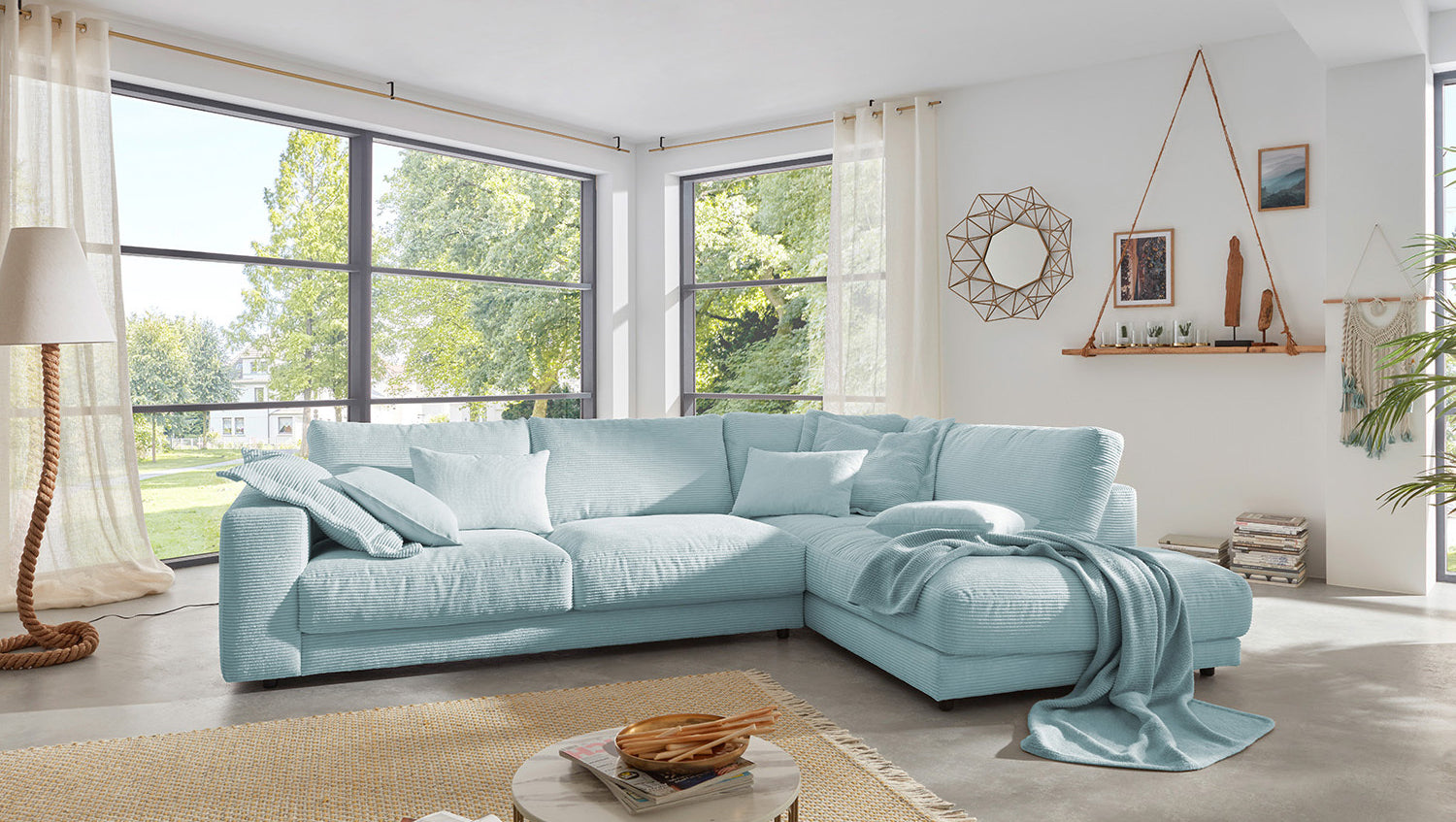 KAWOLA Sofa MADELINE Ecksofa mit Recamiere Cord hellblau, Rechts