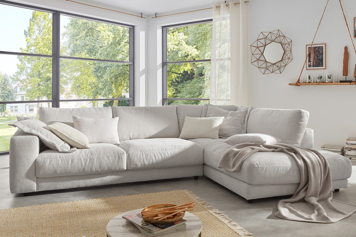 KAWOLA Sofa MADELINE Ecksofa mit Recamiere Cord hellgrau