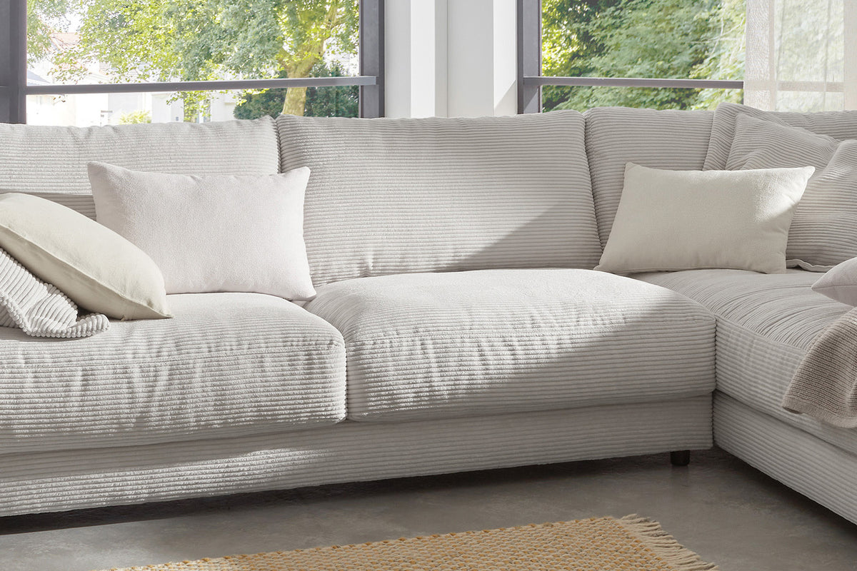 KAWOLA Sofa MADELINE Ecksofa mit Recamiere Cord hellgrau