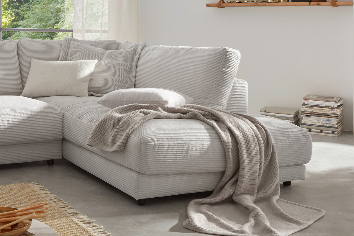KAWOLA Sofa MADELINE Ecksofa mit Recamiere Cord hellgrau