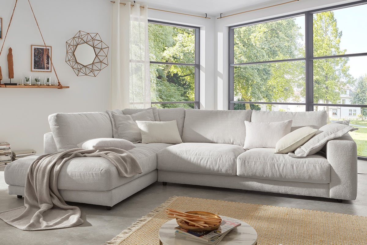 KAWOLA Sofa MADELINE Ecksofa mit Recamiere Cord hellgrau