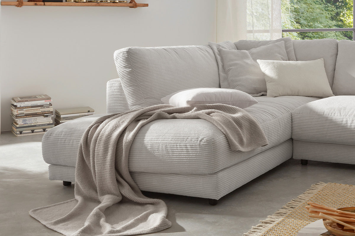 KAWOLA Sofa MADELINE Ecksofa mit Recamiere Cord hellgrau