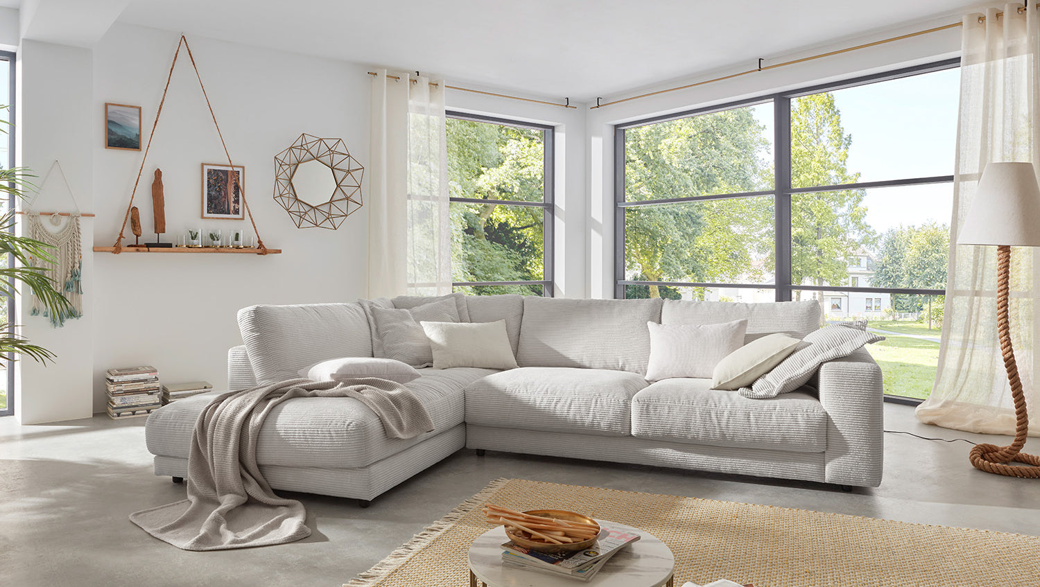 KAWOLA Sofa MADELINE Ecksofa mit Recamiere Cord hellgrau, Links