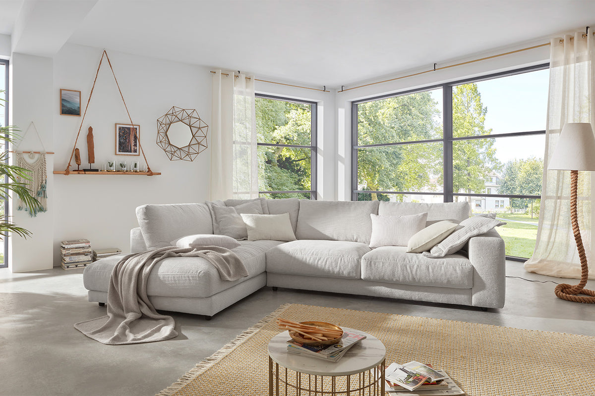 KAWOLA Sofa MADELINE Ecksofa mit Recamiere Cord hellgrau, Links