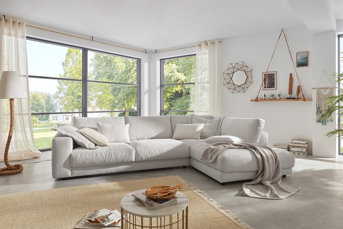 KAWOLA Sofa MADELINE Ecksofa mit Recamiere Cord hellgrau, Rechts